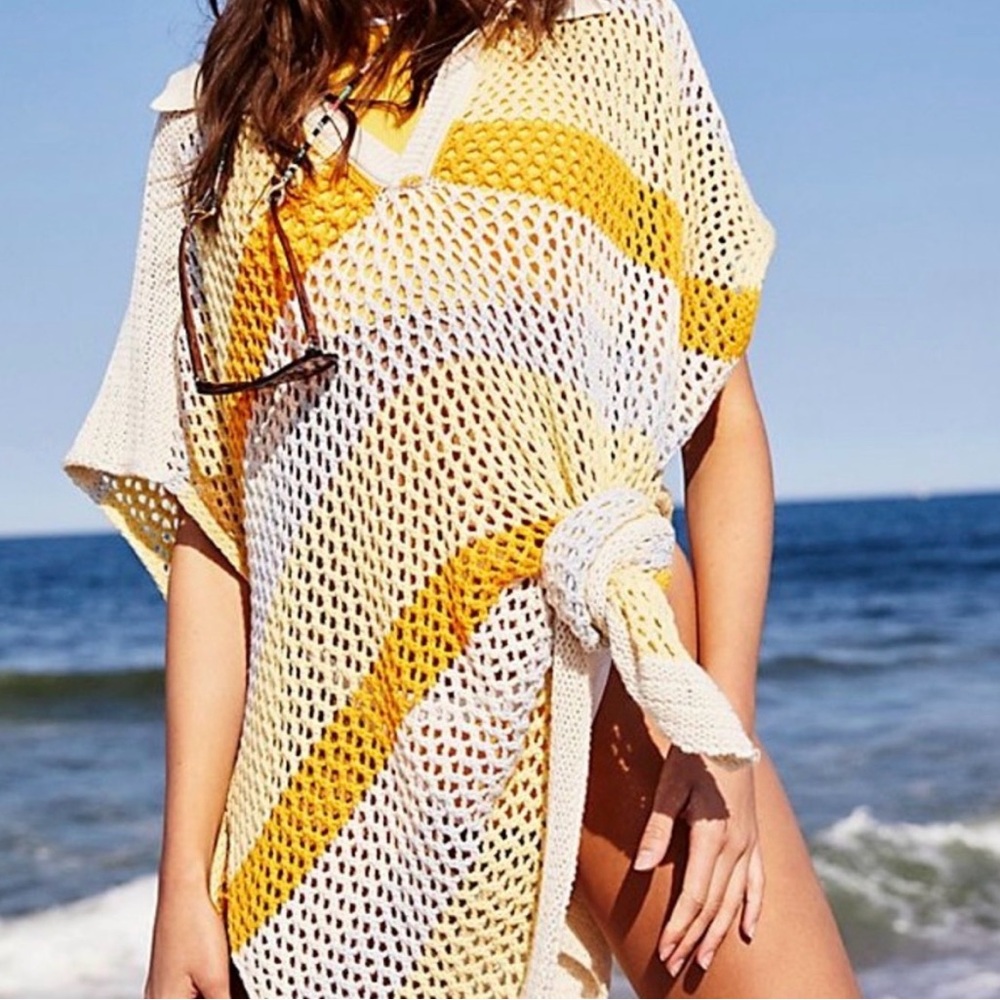 Free People Bayside Rainbow Stripe Crocheted Sweater Poncho